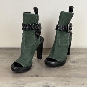 Proenza Schouler Booties Womens Sz 6.5 Green Suede Peep Toe High Heels Buckle